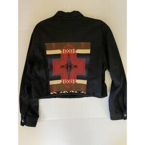 Rough Rider Denim Jacket Womens Large Black Red Studded Southwest Aztec Tapestry